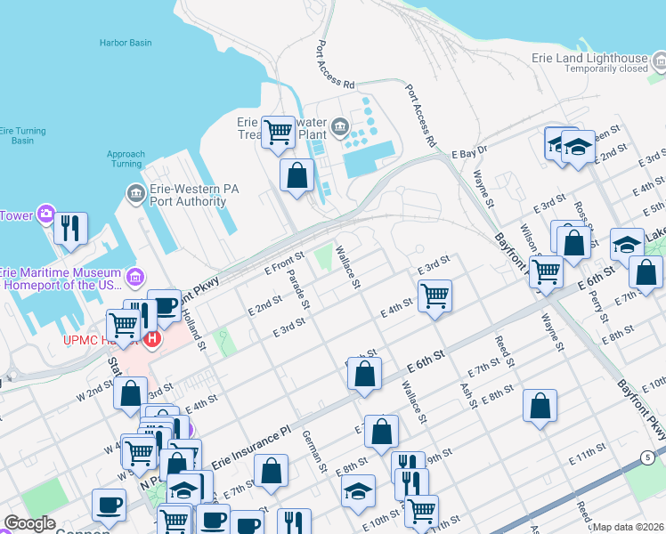 map of restaurants, bars, coffee shops, grocery stores, and more near in Erie