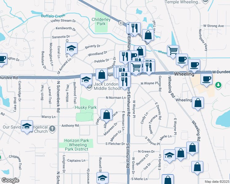 map of restaurants, bars, coffee shops, grocery stores, and more near 901 West Dundee Road in Wheeling