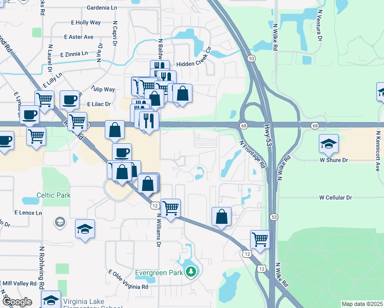map of restaurants, bars, coffee shops, grocery stores, and more near 1385 East Dundee Road in Palatine