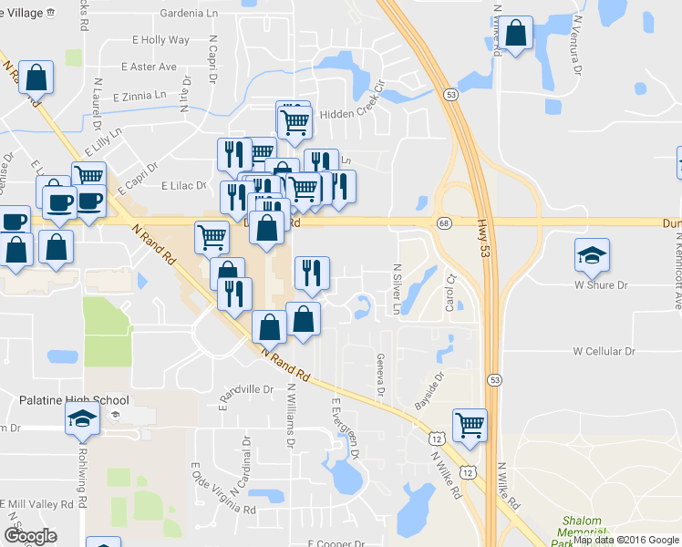 map of restaurants, bars, coffee shops, grocery stores, and more near 1279 East Dundee Road in Palatine