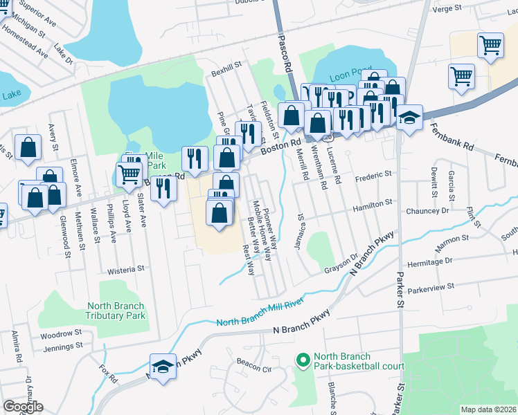 map of restaurants, bars, coffee shops, grocery stores, and more near 2-98 Elmshade Way in Springfield