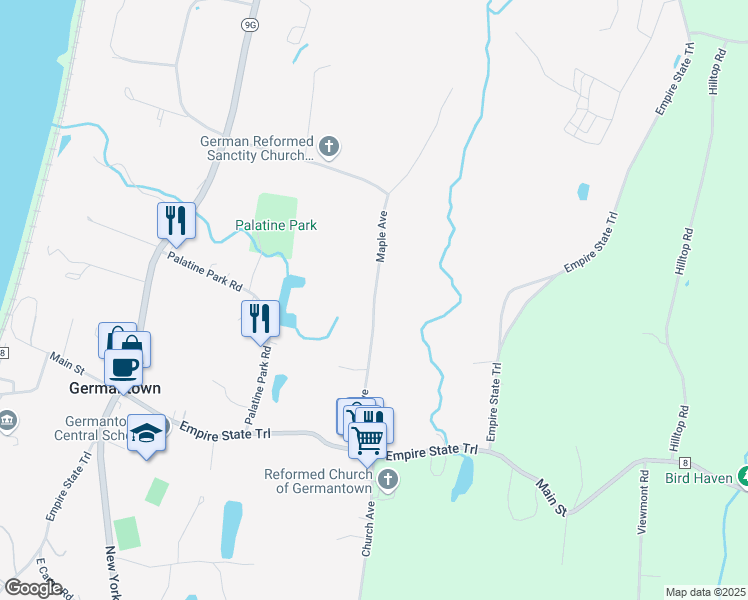 map of restaurants, bars, coffee shops, grocery stores, and more near Maple Avenue in Germantown