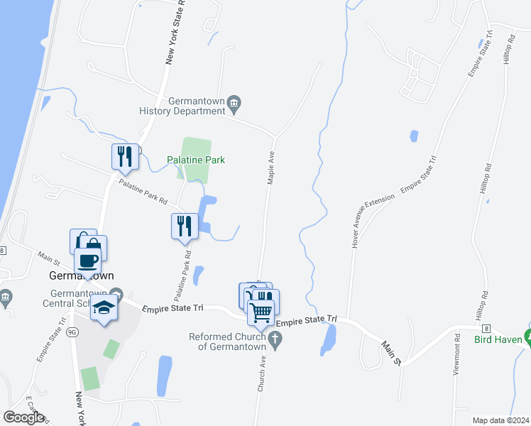 map of restaurants, bars, coffee shops, grocery stores, and more near Maple Avenue in Germantown