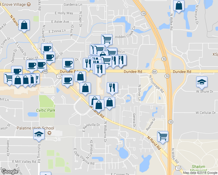 map of restaurants, bars, coffee shops, grocery stores, and more near 1215 Wyndham Court in Palatine