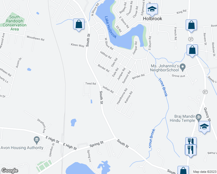 map of restaurants, bars, coffee shops, grocery stores, and more near 52 Dale Road in Holbrook