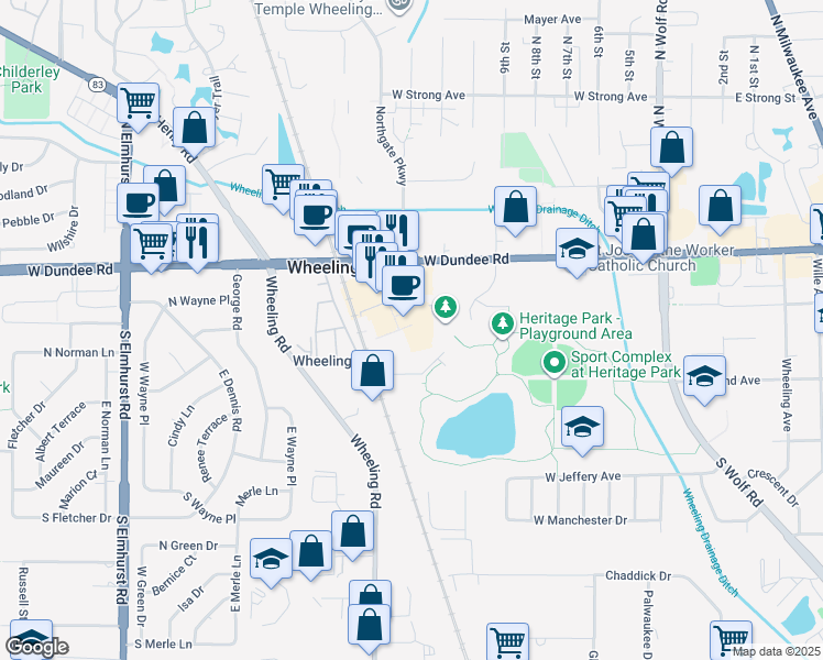 map of restaurants, bars, coffee shops, grocery stores, and more near 343 West Dundee Road in Wheeling
