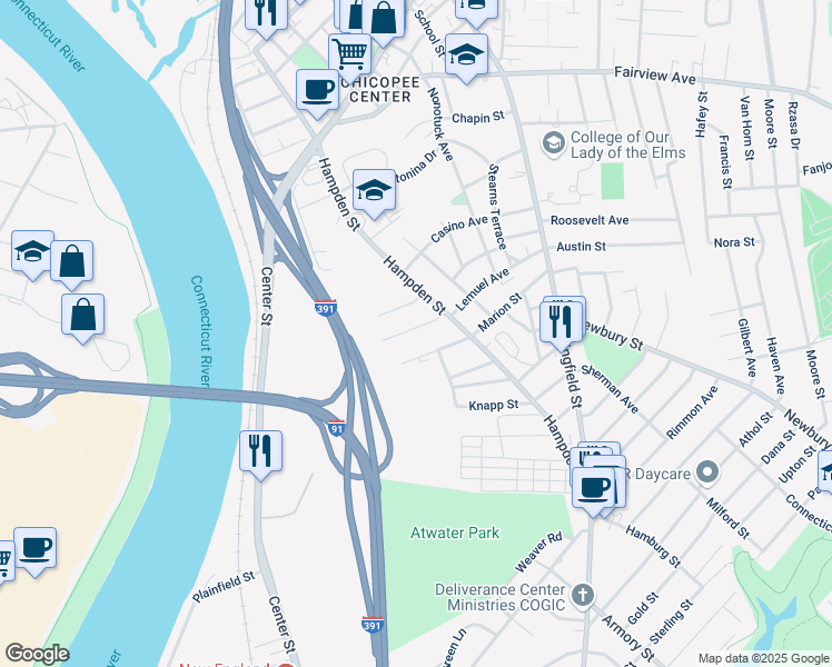 map of restaurants, bars, coffee shops, grocery stores, and more near 37 Sanford Street in Chicopee