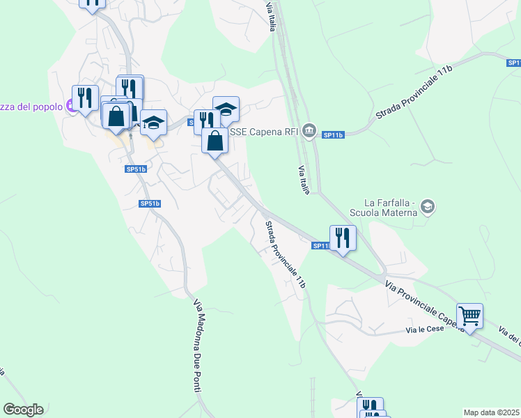 map of restaurants, bars, coffee shops, grocery stores, and more near Strada Provinciale 11b in Capena
