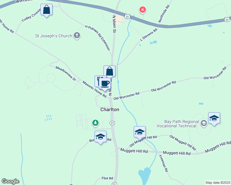 map of restaurants, bars, coffee shops, grocery stores, and more near 57 North Main Street in Charlton