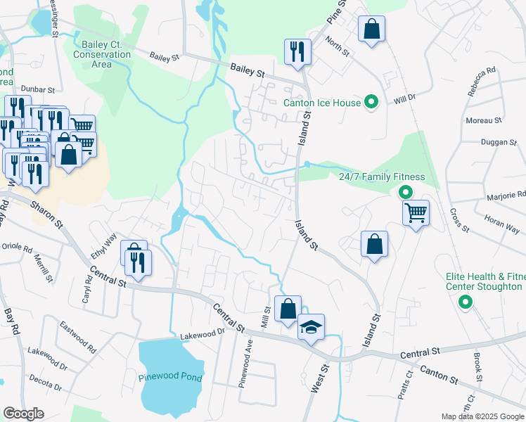 map of restaurants, bars, coffee shops, grocery stores, and more near 104 Copperwood Drive in Stoughton