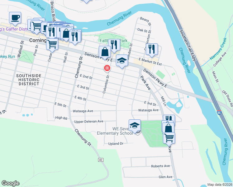 map of restaurants, bars, coffee shops, grocery stores, and more near 278 East 2nd Street in Corning