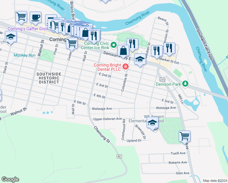 map of restaurants, bars, coffee shops, grocery stores, and more near 198 Pearl Street in Corning