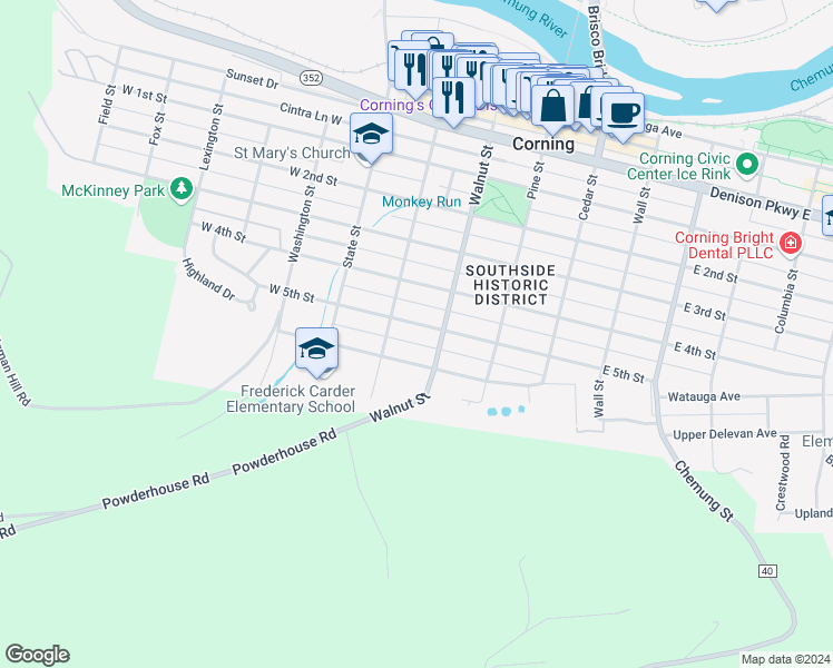 map of restaurants, bars, coffee shops, grocery stores, and more near 75 West 5th Street in Corning