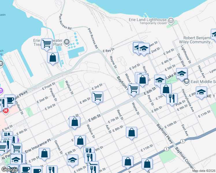 map of restaurants, bars, coffee shops, grocery stores, and more near 301 Reed Street in Erie