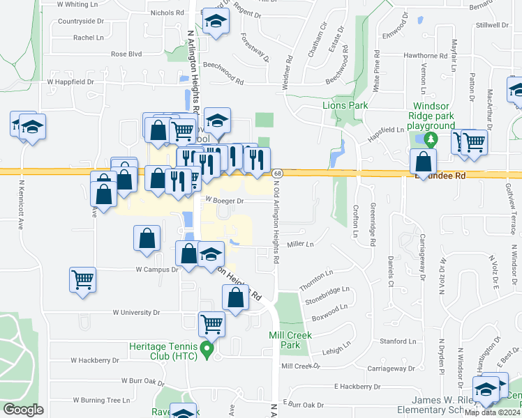 map of restaurants, bars, coffee shops, grocery stores, and more near 3430 North Old Arlington Heights Road in Arlington Heights