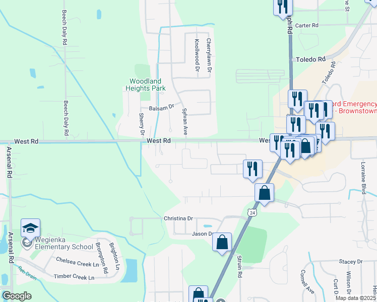 map of restaurants, bars, coffee shops, grocery stores, and more near 22952 Sylvan Avenue in Flat Rock