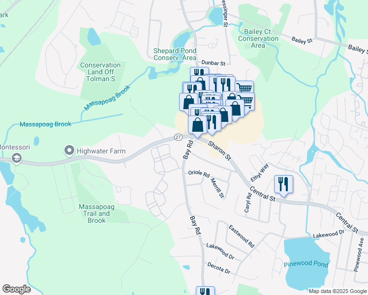 map of restaurants, bars, coffee shops, grocery stores, and more near 41 Bay Road in Sharon