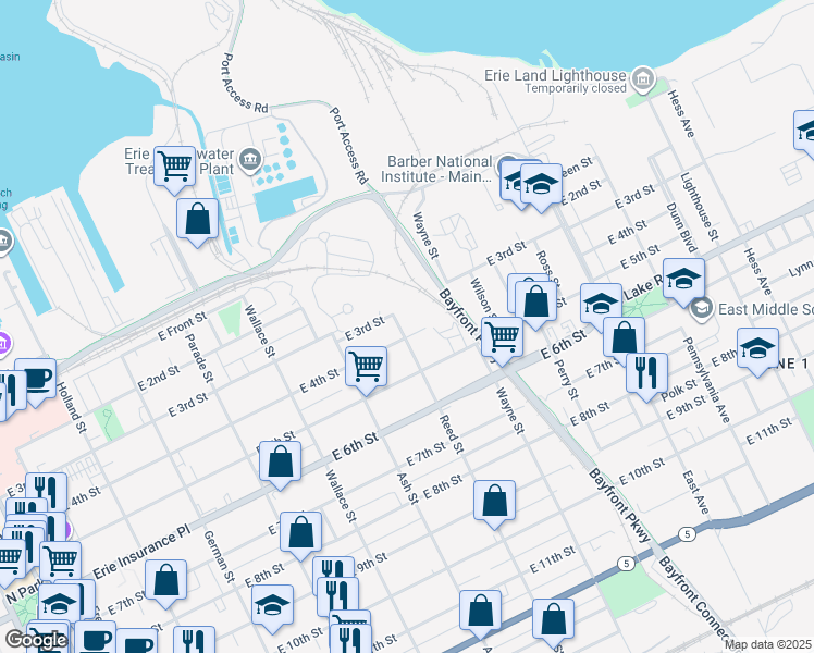 map of restaurants, bars, coffee shops, grocery stores, and more near 301 Reed Street in Erie