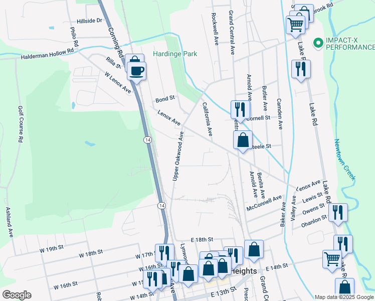 map of restaurants, bars, coffee shops, grocery stores, and more near 382 Upper Oakwood Avenue in Elmira