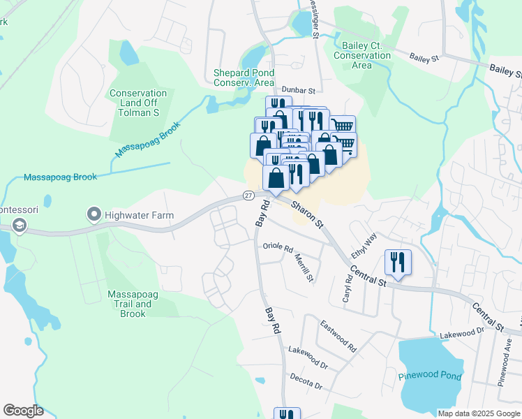 map of restaurants, bars, coffee shops, grocery stores, and more near 41 Bay Road in Sharon