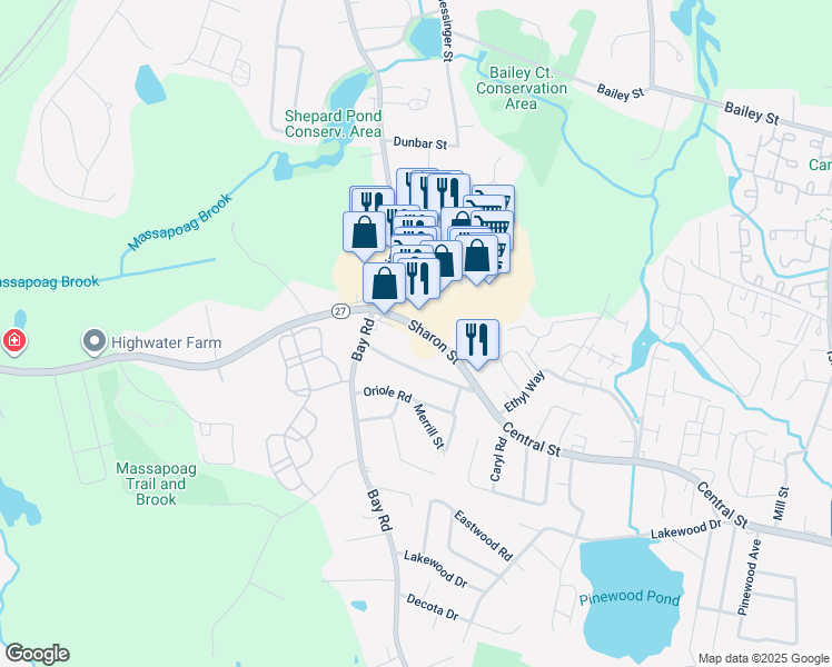 map of restaurants, bars, coffee shops, grocery stores, and more near 115 Sharon Street in Stoughton