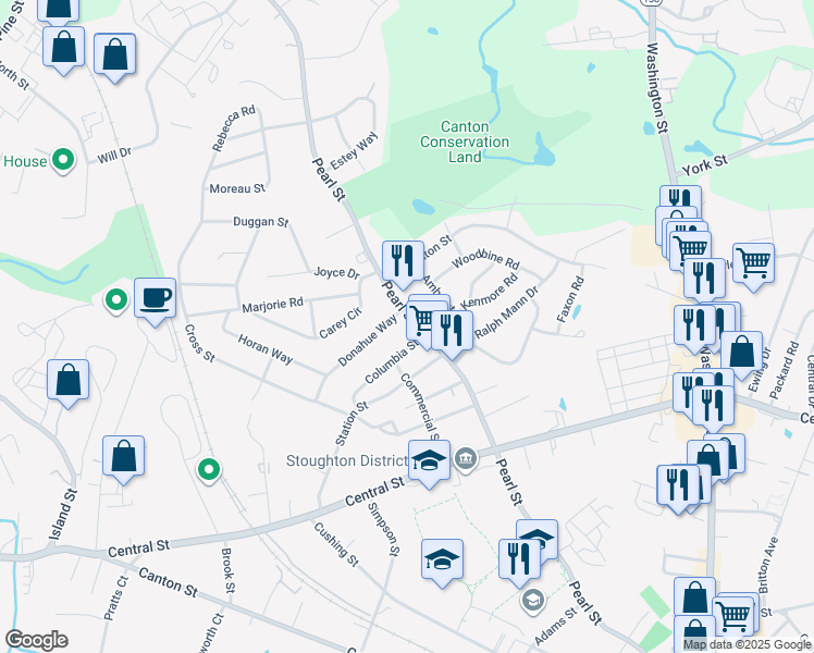 map of restaurants, bars, coffee shops, grocery stores, and more near 501 Pearl Street in Stoughton