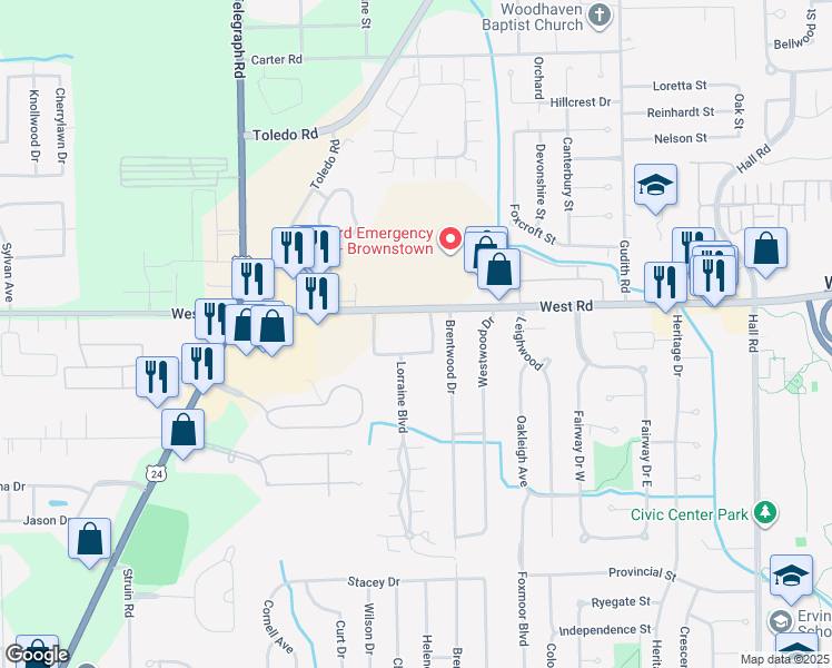 map of restaurants, bars, coffee shops, grocery stores, and more near 23041 East Lorraine Street in Brownstown Charter Township