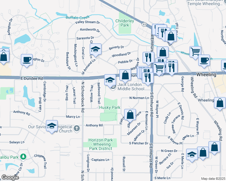 map of restaurants, bars, coffee shops, grocery stores, and more near 1001 West Dundee Road in Wheeling