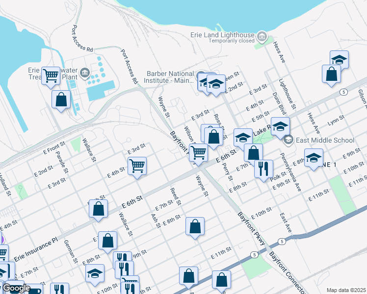 map of restaurants, bars, coffee shops, grocery stores, and more near East Bayfront Parkway in Erie