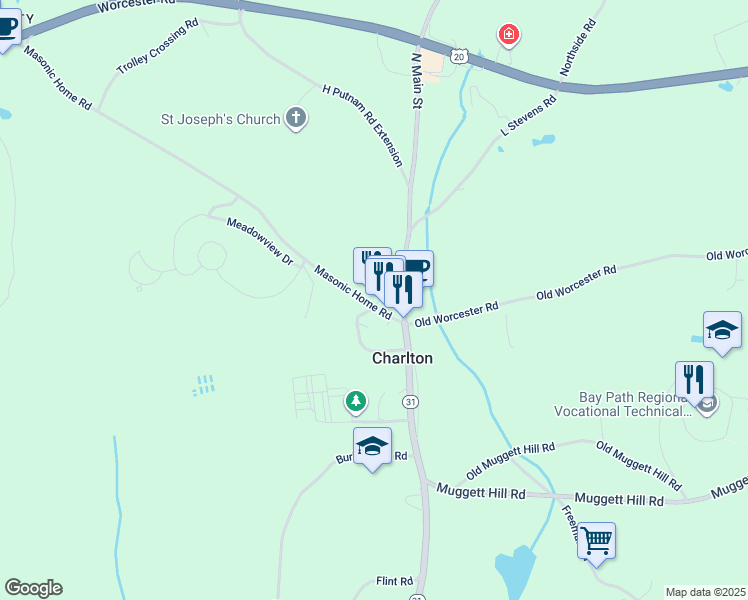 map of restaurants, bars, coffee shops, grocery stores, and more near 97 Masonic Home Road in Charlton