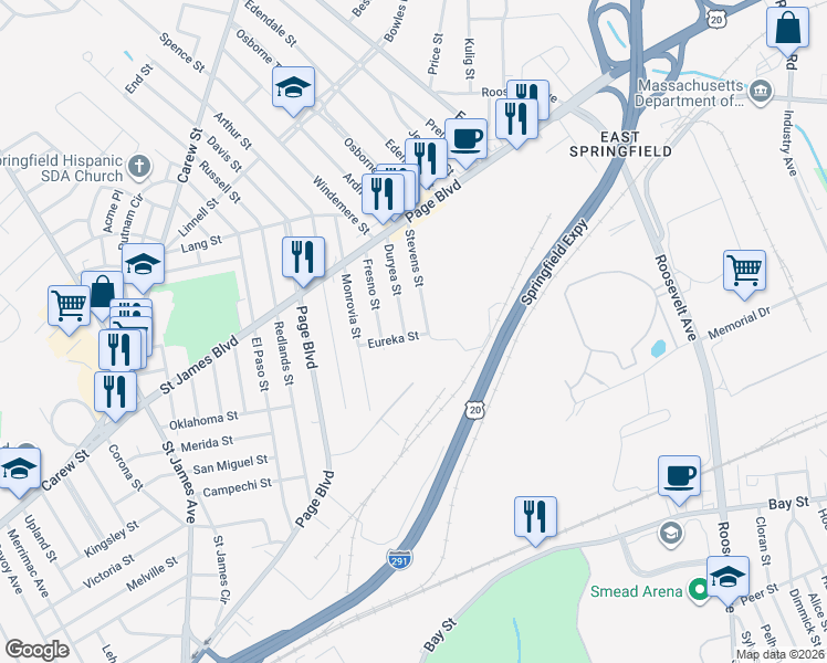 map of restaurants, bars, coffee shops, grocery stores, and more near 87 Duryea St in Springfield