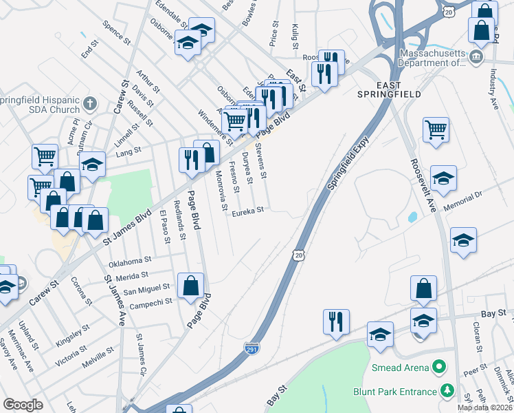map of restaurants, bars, coffee shops, grocery stores, and more near 87 Duryea St in Springfield