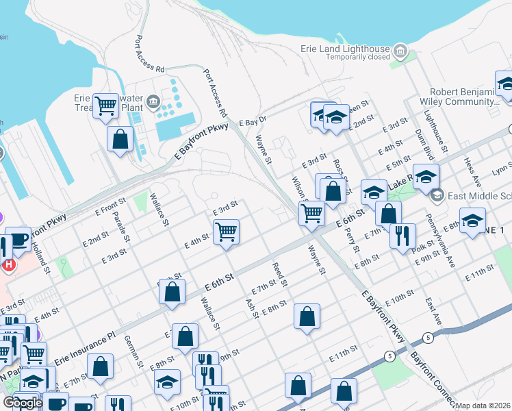 map of restaurants, bars, coffee shops, grocery stores, and more near 301 Reed Street in Erie