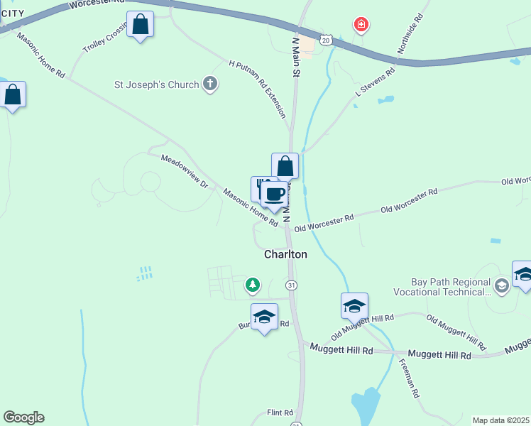 map of restaurants, bars, coffee shops, grocery stores, and more near 105 Masonic Home Road in Charlton