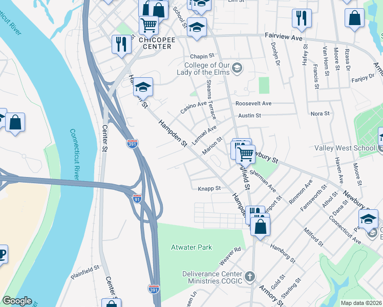 map of restaurants, bars, coffee shops, grocery stores, and more near 225 Hampden Street in Chicopee