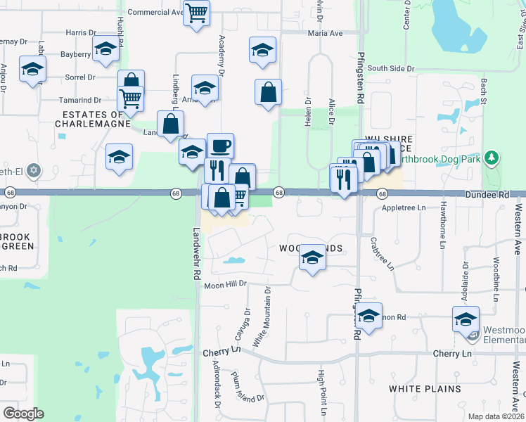 map of restaurants, bars, coffee shops, grocery stores, and more near 3050 Pheasant Creek Drive in Northbrook