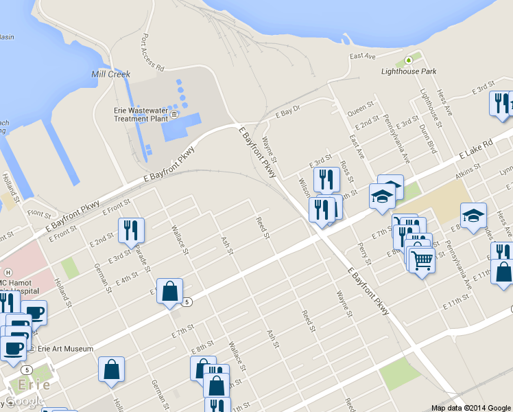 map of restaurants, bars, coffee shops, grocery stores, and more near 313 Reed Street in Erie
