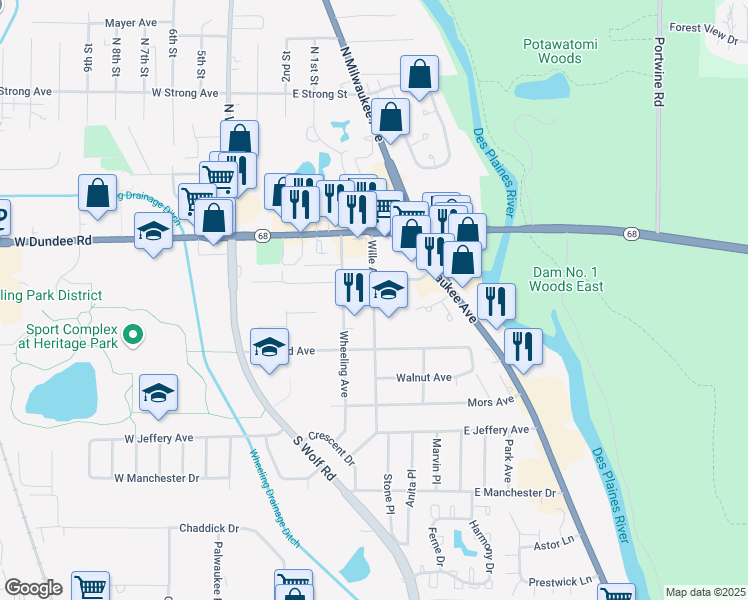 map of restaurants, bars, coffee shops, grocery stores, and more near 133 Wille Avenue in Wheeling
