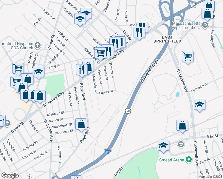 map of restaurants, bars, coffee shops, grocery stores, and more near 87 Duryea St in Springfield
