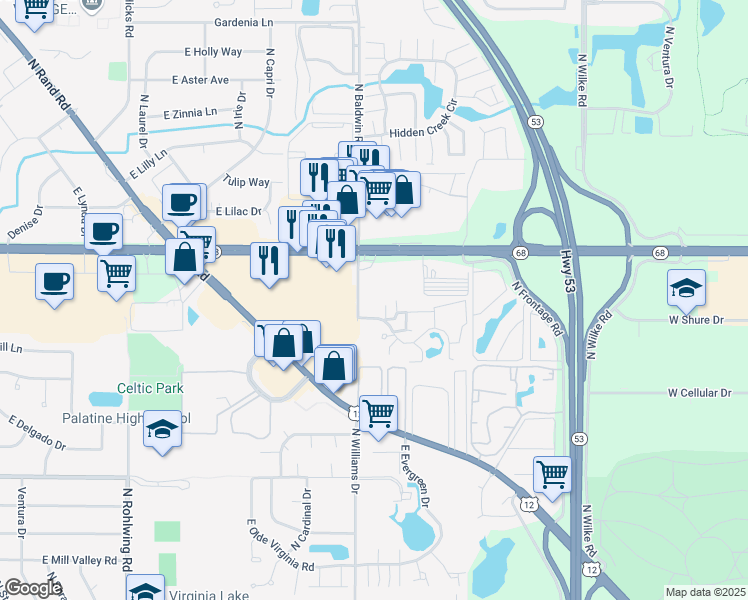 map of restaurants, bars, coffee shops, grocery stores, and more near Wyndham Court in Palatine