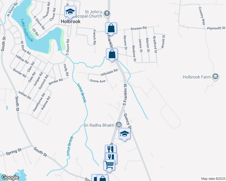map of restaurants, bars, coffee shops, grocery stores, and more near 21 Shirley Street in Holbrook
