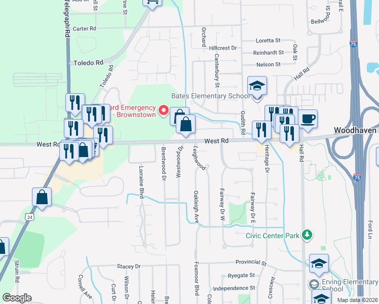 map of restaurants, bars, coffee shops, grocery stores, and more near 23102 Leighwood in Trenton