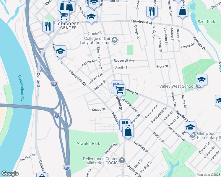 map of restaurants, bars, coffee shops, grocery stores, and more near 12 Mc Kinley Avenue in Chicopee