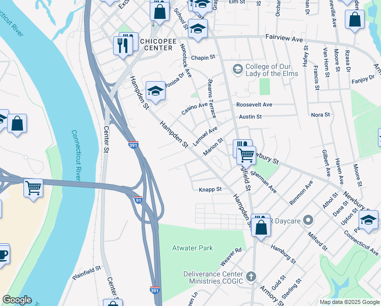 map of restaurants, bars, coffee shops, grocery stores, and more near 225 Hampden Street in Chicopee