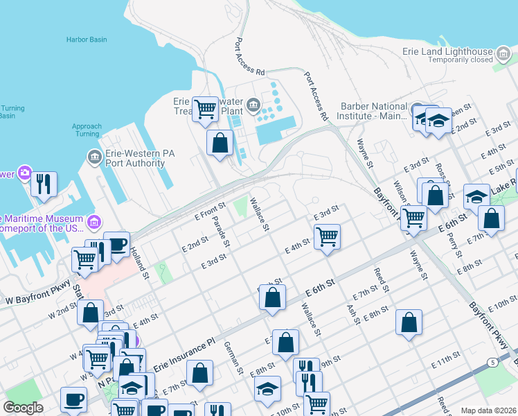 map of restaurants, bars, coffee shops, grocery stores, and more near in Erie