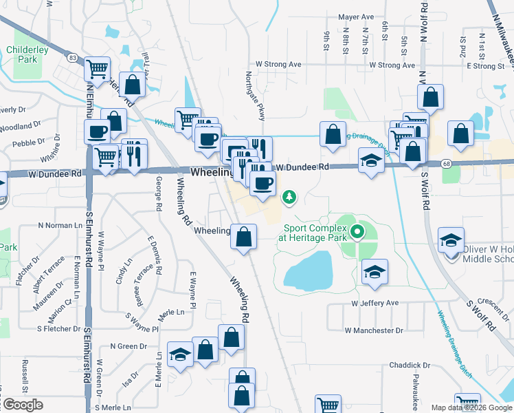 map of restaurants, bars, coffee shops, grocery stores, and more near 343 West Dundee Road in Wheeling