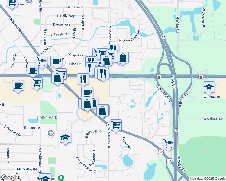 map of restaurants, bars, coffee shops, grocery stores, and more near East Baldwin Lane in Palatine