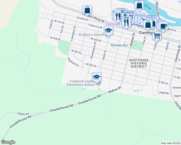 map of restaurants, bars, coffee shops, grocery stores, and more near 182 West 5th Street in Corning