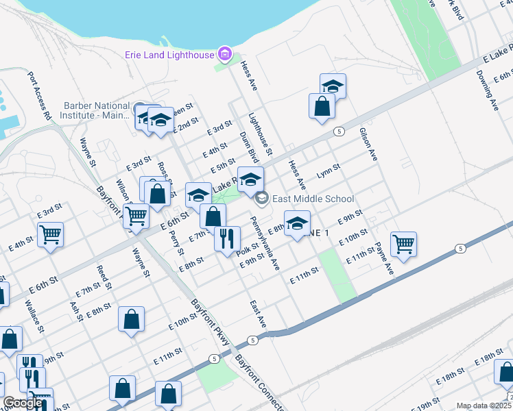 map of restaurants, bars, coffee shops, grocery stores, and more near 1055 Atkins Street in Erie