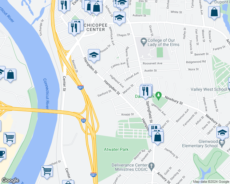 map of restaurants, bars, coffee shops, grocery stores, and more near 232 Hampden Street in Chicopee